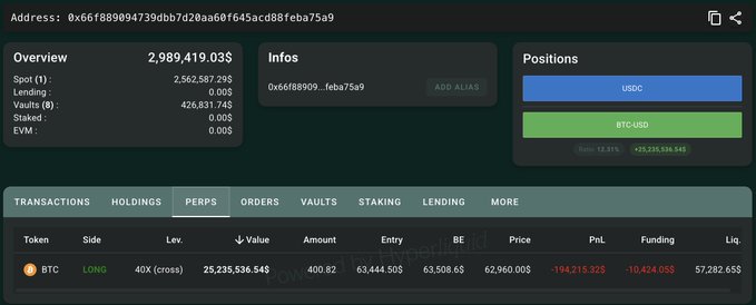 A cryptocurrency trading dashboard displays an account with an address starting 0x66f88909 and a balance of 2,989,419.03$, including USDC and BTC-USDC positions, with a BTC LONG position at 40X cross leverage showing a -194,215.32$ PnL.