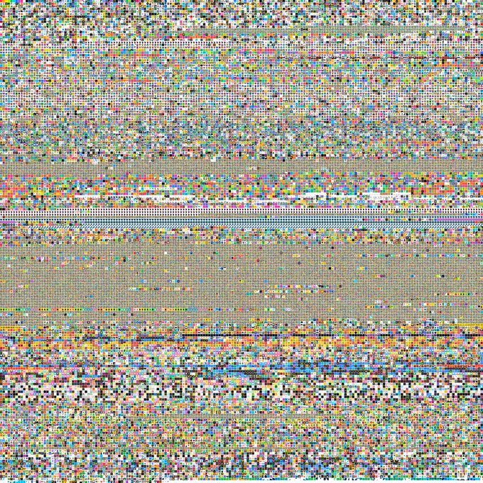 A pixelated, glitch-style digital artwork featuring horizontal bands of multicolored static noise, symbolizing the digital and decentralized nature of the blockchain network, fittingly used to celebrate Ethereum's birthday.