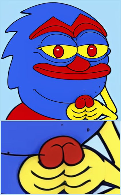 A two-panel cartoon meme of a blue Muppet-like character with yellow eyes appearing mischievous, with the bottom panel zooming in on clasped hands in a scheming pose.