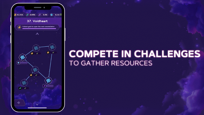 A promotional graphic with the text 'COMPETE IN CHALLENGES TO GATHER RESOURCES' next to a smartphone mockup displaying a constellation-style game map titled '37. Voidheart'.
