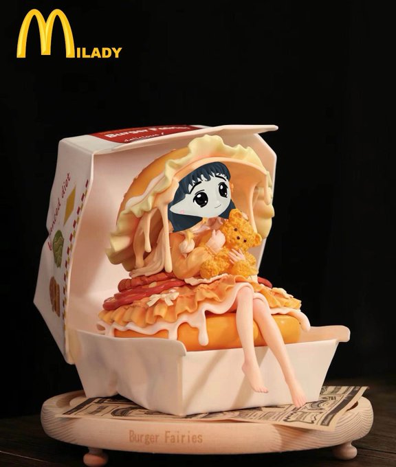 McDonald's 'Burger Fairies' collector figure in partnership with ILADY, depicting an anime-style girl with dark hair sitting inside a hamburger-themed box on a wooden display base.