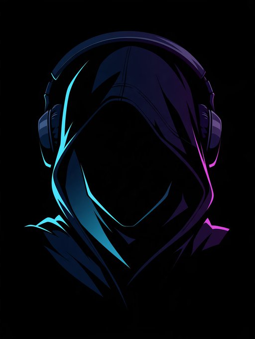 A stylized digital illustration of a mysterious hooded figure wearing headphones, with neon blue and pink lighting accents on a black background.