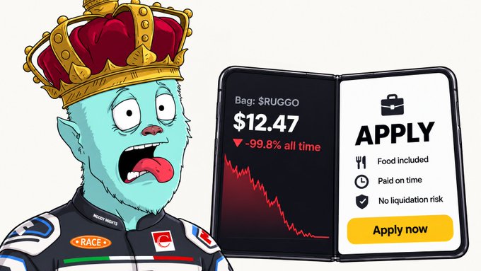 A cartoon illustration of a zombie-like character wearing a crown and racing suit standing next to a phone displaying the token $RUGGO at $12.47, down 99.8% all time, alongside an 'APPLY' ad for credit with 'Food included', 'Paid on time', and 'No liquidation risk'.