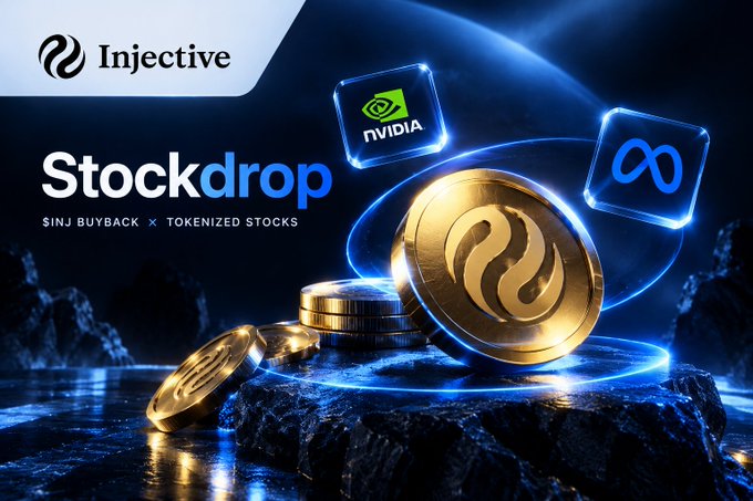 Promotional graphic for Injective's 'Stockdrop' featuring '$INJ Buyback x Tokenized Stocks' with NVIDIA and Meta logos, alongside gold Injective coins on a dark rocky background.