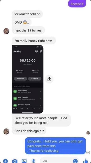 A chat screenshot shows messages expressing excitement about receiving $9,725.00, visible in an Apple Cash banking screenshot, with the sender offering referrals and the recipient offering more payment.
