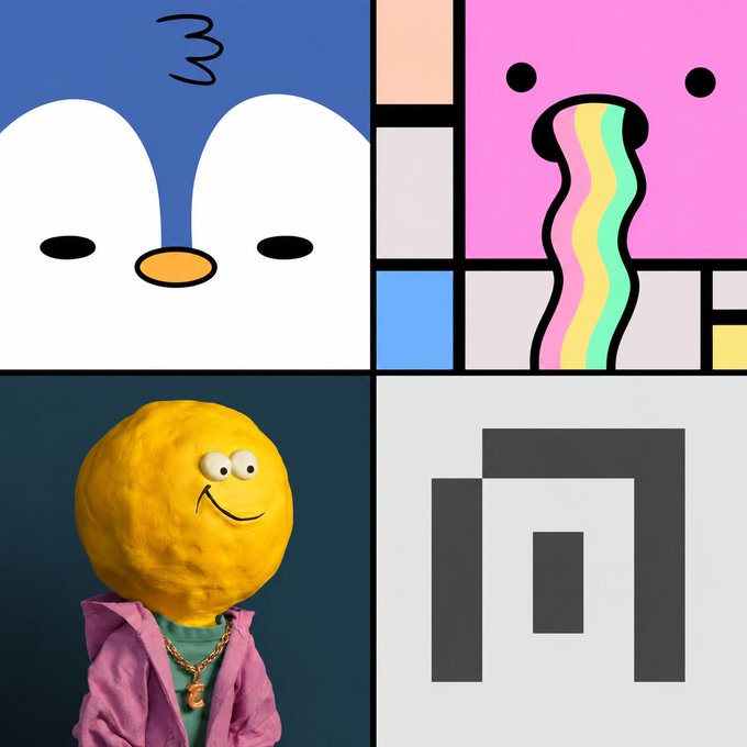 The image features a collage of four different cartoon faces, each with their own unique style and color scheme. The first face is a penguin wearing a pink shirt and has its head tilted back as if it's about to kiss someone or something. The second face is an orange character that appears to be smiling at the camera. The third face is a yellow character with big eyes, giving it a friendly and approachable demeanor. The fourth face is a black character with a mouth open wide, possibly in a speech bubble or making a funny facial expression. These cartoon faces are arranged side by side on a blue background, creating an interesting visual contrast between the different colors and styles of the characters.