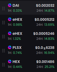 A cryptocurrency price list showing DAI at $0.002032, eHEX at $0.0005212, PLSX at $0.0006238, and HEX at $0.001486 with their respective 1-hour and 24-hour percentage changes.