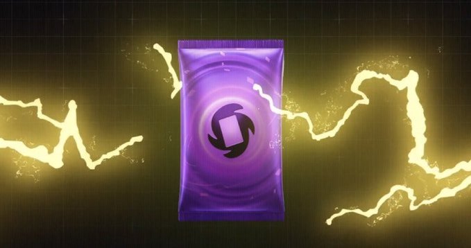 A purple snack bag with a stylized 'J' logo floats in the center, flanked by bright yellow electrical arcs against a dark grid background.