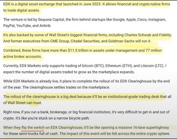 The image is a screenshot of an article about EDX Markets, a digital asset exchange launched in June 2023 by Sequoia Capital along with financial giants including Charles Schwab and Fidelity, and backed by firms like Goldman Sachs and Citadel Securities.

The article notes EDX offers trading for BTC, ETH, and LTC, plans to complete its EDX Clearinghouse rollout by year-end, and quotes an expert describing it as an "institutional-grade trading desk that all of Wall Street can trust."

**Relation to the post:** The image directly supports the claim that Charles Schwab backs EDX Markets, and given that Ripple Prime is integrated with EDX, this connects the XRP ecosystem to a major traditional financial institution.