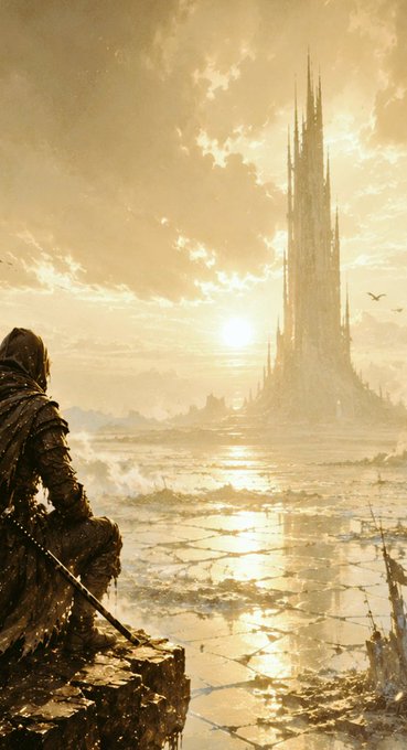 A fantasy artwork depicting a hooded figure sitting on a cliff edge, gazing toward a towering gothic spire across a reflective body of water under a golden sunset sky.