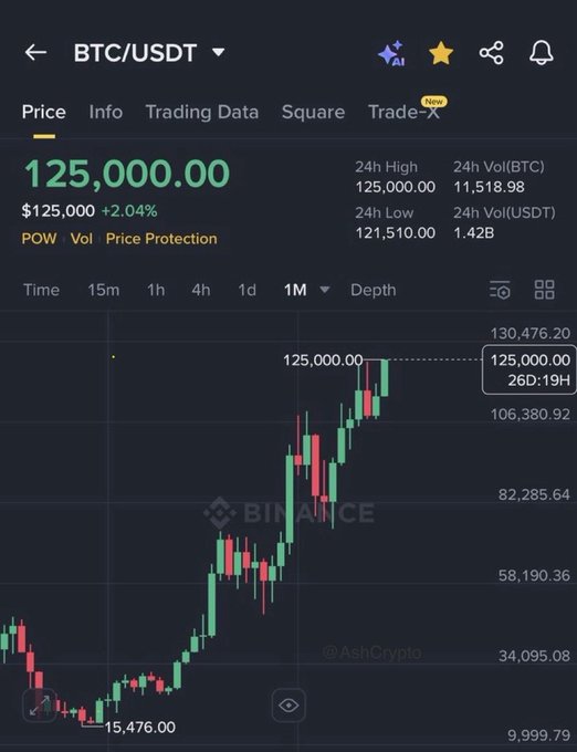 A Binance BTC/USDT trading chart shows Bitcoin reaching a price of $125,000.00, up 2.04%, on the 1-month timeframe—illustrating how Bitcoin's massive price appreciation means a single coin now costs what 500 BTC ($250,000 worth) once cost in the early days.