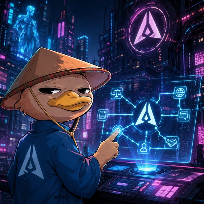 A digital artwork featuring a duck character in a traditional conical hat and blue jacket, pointing at a futuristic holographic interface displaying a triangular logo, set against a neon cyberpunk cityscape.