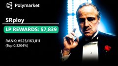 A profile card for "$Rploy" on Polymarket showing an LP REWARDS of $7,839, a rank of #525/163,811, and featuring an image of Don Corleone from The Godfather.