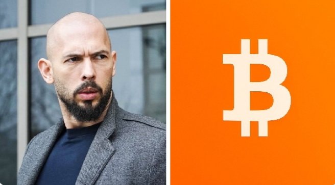 The image features a bald, bearded man in a gray blazer standing next to a large Bitcoin symbol on an orange background, visually representing the growing shift from traditional financial systems toward Bitcoin as an alternative asset.