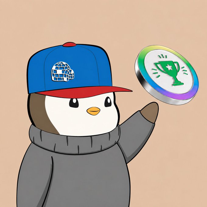 A cartoon penguin wearing a blue cap with a brick igloo logo and a gray sweater holds up a silver coin featuring a green trophy with a star, celebrating the launch of Abstract Chain's "All-Star" community recognition program.