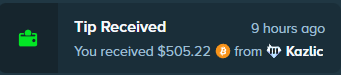 The image features a dark background with a green label that reads "TIP RECEIVED", followed by text including the name of the sender, your account balance, and information about a transaction or cash reward you have received from KAZIC for opening an online Stake account.