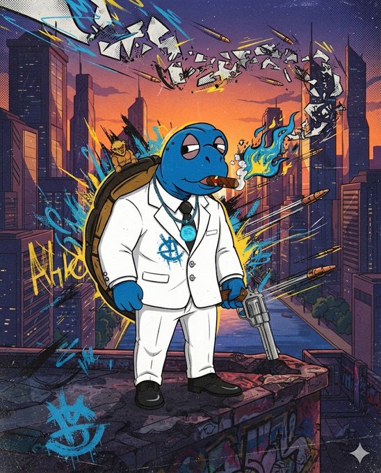 A graffiti-style illustration shows a cigar-smoking turtle in a white suit firing a revolver from a rooftop overlooking a sunset cityscape, with a small turtle companion on its shell and the text "SMOKE" in shattered glass above, alongside an anarchy symbol and "CRO" tags—visually embodying the "slow and steady wins the race" turtle meme referenced in the post about the thriving #crofam and @TurtleonCro community.