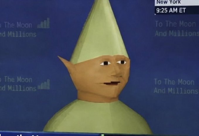A low-polygon elf-like character stands in front of a blue screen displaying the repeated phrase "To The Moon And Millions," with a "New York 9:25 AM ET" timestamp in the corner. The retro graphics and "To The Moon" slogan capture the playful, meme-driven spirit of $NASDANQ, a satirical 2014 Reddit project where users "traded" memes like stocks long before memecoins existed.
