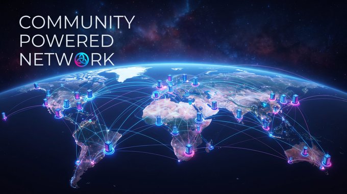 A "COMMUNITY POWERED NETWORK" graphic shows a world map covered in glowing node connections and towers against a starry space background.