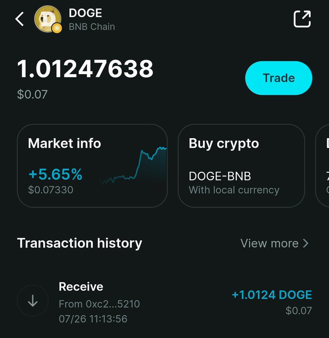 A Bitget wallet screenshot displays a received transaction of +1.0124 DOGE (BNB Chain) valued at $0.07 on 07/26 at 11:13:56, with the market showing a +5.65% gain, suggesting the user received an unexpected DOGE airdrop.