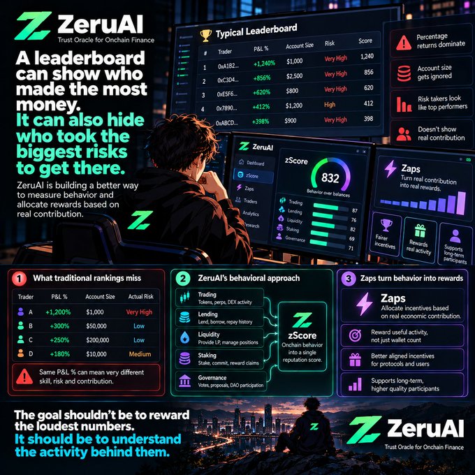 A promotional infographic for 'ZeruAI', describing it as a 'Trust Oracle for Onchain Finance' that measures behavioral balance and allocates rewards using a 'zScore' system.