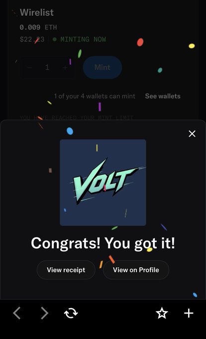 A mobile screen showing a successful NFT mint confirmation with the text 'Congrats! You got it!' featuring a 'VOLT' logo on a dark blue square with confetti effects.