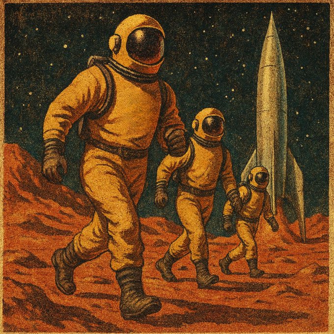 Three astronauts in bulky spacesuits walk across the reddish Martian landscape beneath a starry sky, with a rocket standing behind them. The vintage-style retro sci-fi illustration evokes the classic imagery of Mars colonization, tying in with the post's promotion of $Marscoin as a BNB Chain program for those "thinking like Martians."