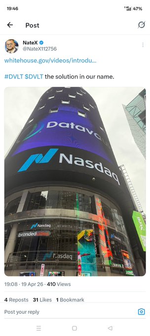 A screenshot of an X (Twitter) post by NateX (@NateX112756) showing the Nasdaq building displaying a Datavc logo, with the text "#DVLT $DVLT the solution in our name."