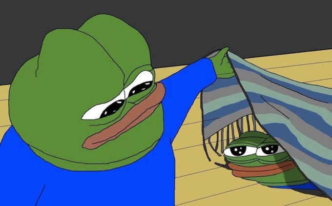 A sad Pepe the Frog meme lifting a striped blanket to reveal a smaller, sadder Pepe underneath.