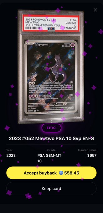 A screenshot of a Pokemon card display screen, showing a Pokémon card with purple and blue colors against a black background. The text "2023 MEWTwo PSA 10 SPE EN-S" is displayed along with the price of the card being $58.85. Below this information, there's an option to accept payment for the card using a credit or debit card.
