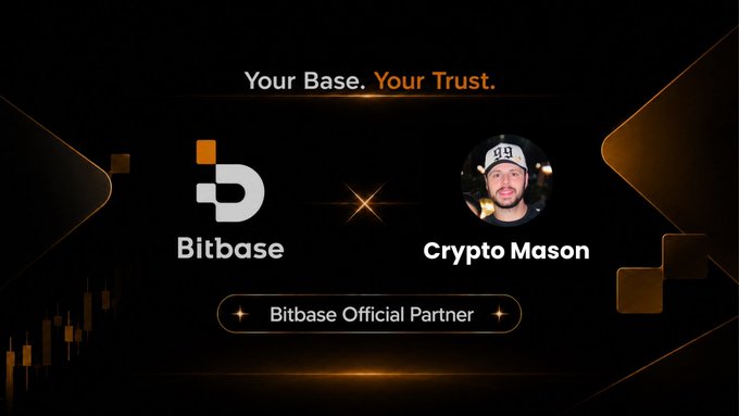 The image displays a promotional partnership banner featuring the Bitbase logo alongside a profile photo labeled "Crypto Mason," with the text "Your Base. Your Trust." and a "Bitbase Official Partner" badge, visually supporting the announcement of Crypto Mason's new official partnership with Bitbase exchange.