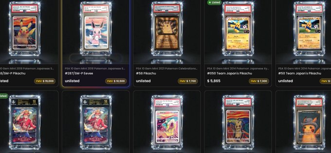 A grid of graded Pokémon cards for sale on an auction platform, including PSA 10 Pikachu and other Japanese sets with listed prices like $5,565 and $8,585.
