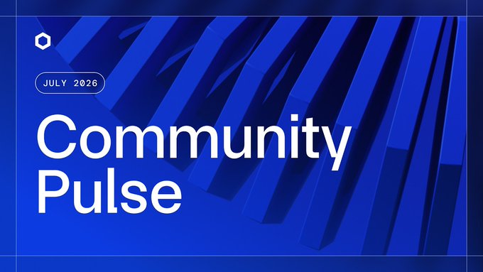 A blue-themed header banner reading 'JULY 2026 Community Pulse' featuring a 3D geometric 'H' logo design.