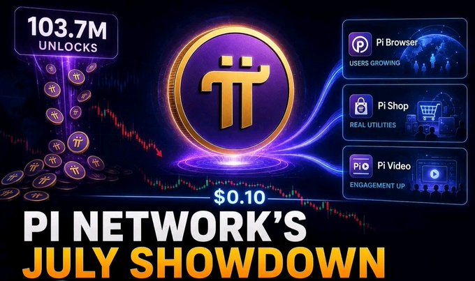 A promotional graphic for 'Pi Network's July Showdown' displays a gold Pi coin in the center with '103.7M UNLOCKS' and '$0.10' prominently shown, alongside features for Pi Browser, Pi Shop, and Pi Video.