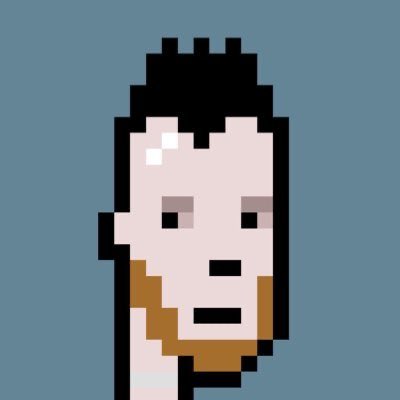 A pixel art illustration depicts a character's face with short black hair, light skin, and brown facial hair against a blue background.