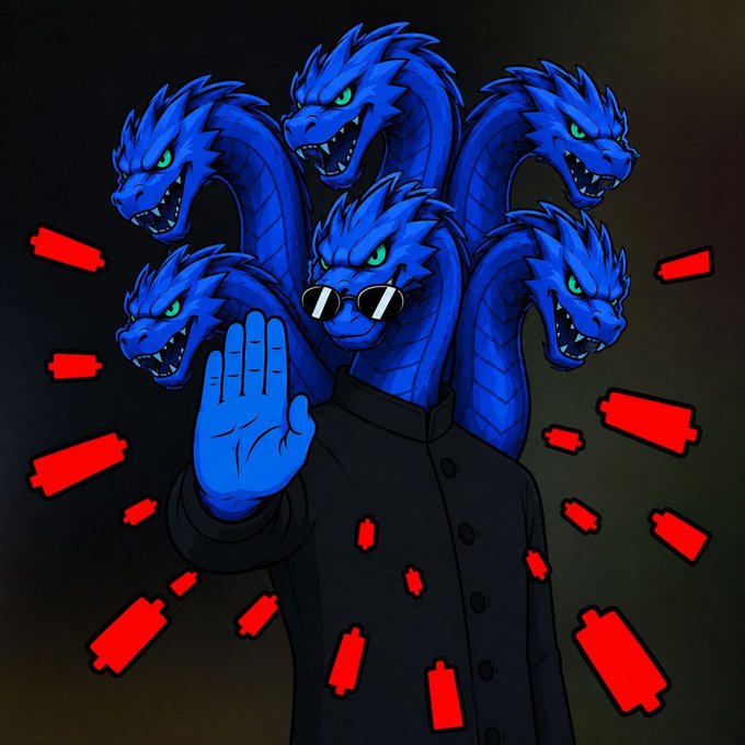 A cartoon illustration of a blue multi-headed dragon-like creature wearing sunglasses and a black shirt, raising one hand in a stop gesture while surrounded by floating red rectangular shapes against a dark background.