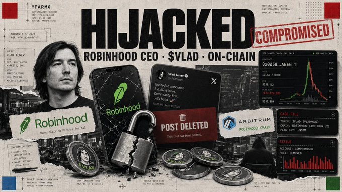 A collage-style image with text 'HIJACKED COMPROMISED' and 'ROBINHOOD CEO • $VLAD • ON-CHAIN', showing a man, a phone with a cracked screen displaying the Robinhood app, a padlock, and a Twitter post marked 'POST DELETED'.