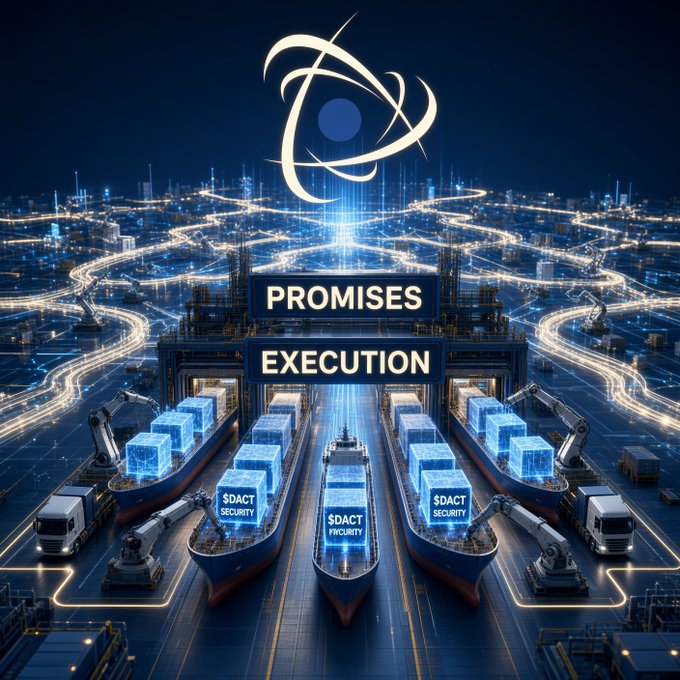A futuristic digital artwork depicting the Ethereum logo above a glowing blue cityscape with cargo ships labeled 'SDACT SECURITY' and signs reading 'PROMISES' and 'EXECUTION'.
