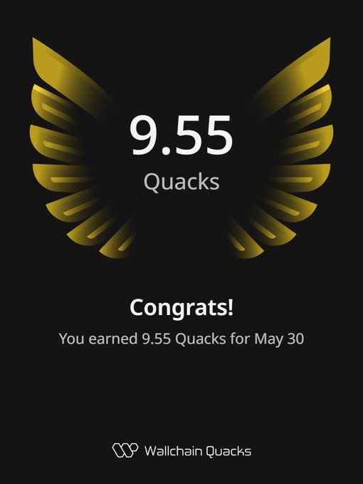 The image features an award for earning 9.55 Quacks for May 30th. The award has a gold and yellow color scheme with a large golden eagle design at the top. Below the eagle, there's text that congratulates the user on their achievement of 9.55 Quacks over two days. There is also another message in the image that reads "There was another interesting surprise For the second day in a row, I received some additional Quacks from referrals." This message suggests that the user might have gained more Quacks than expected or even more than they had planned to share with others.