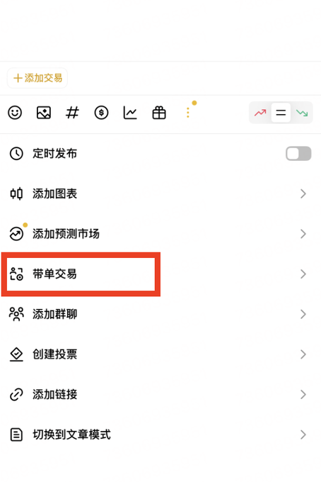 Screenshot of a Chinese-language app menu with options including "定时发布," "添加图表," "添加预测市场," "添加群聊," and "创建投票," with "带单交易" (copy trading) highlighted in a red box.