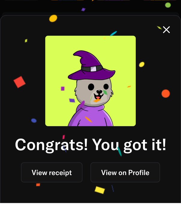 A pop-up screen with confetti displaying a cartoon dog in a purple witch costume and hat, with the text 'Congrats! You got it!' and buttons for 'View receipt' and 'View on Profile'.