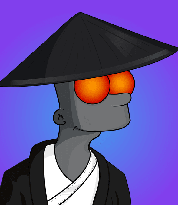 A stylized cartoon character with gray skin, glowing orange eyes, and a black conical straw hat wears a traditional East Asian-style black robe against a purple gradient background, evoking the look of an NFT avatar for the "Agent Simps" collection being advertised for a 10k free mint on OpenSea.
