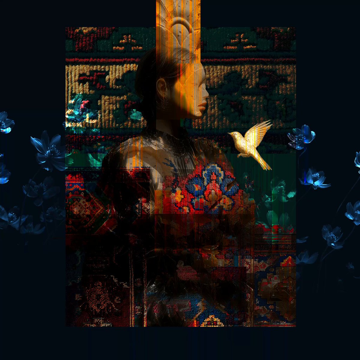 The image features an abstract painting with a woman's face prominently displayed against a dark background. The painting includes elements of nature such as flowers and birds, adding depth and complexity to the piece. The artist has also incorporated digital art techniques into the composition, creating a unique blend of traditional and modern styles. The post is titled "GM The second piece from The Places My Soul Has Been is now live on @TransientLabs" and includes text that reads "When Hope Returned It Had Wings".