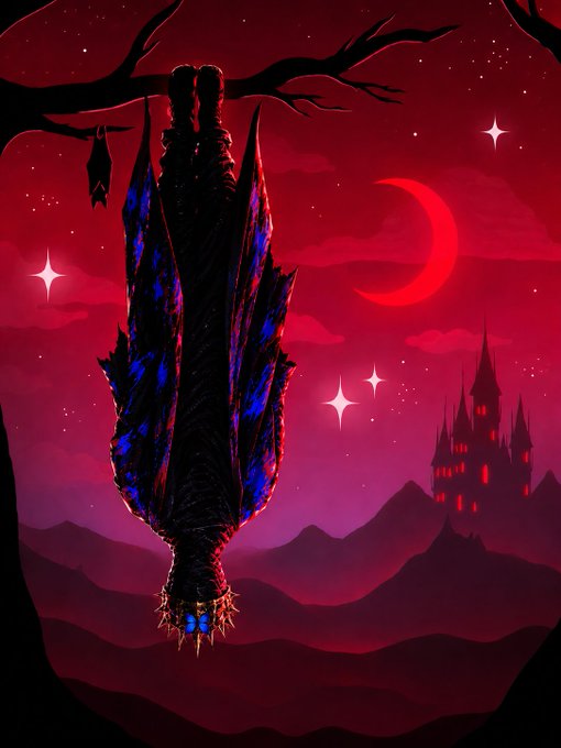 A dark fantasy digital illustration showing an upside-down figure suspended from a gnarled tree branch against a red sky with a crescent moon, stars, and a distant castle silhouette.