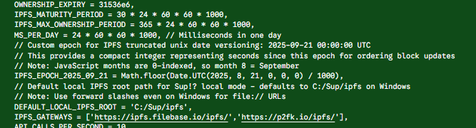 A snippet of computer code on a dark background detailing configuration constants like 'OWNERSHIP_EXPIRY', 'IPFS_EPOCH_2025_09_21', and IPFS gateway URLs for Filebase and Pinata.