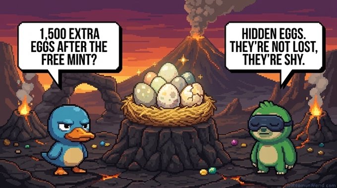 A cartoon featuring a blue bird and a green masked dinosaur with speech bubbles reading "1,500 EXTRA EGGS AFTER THE FREE MINT?" and "HIDDEN EGGS. THEY'RE NOT LOST, THEY'RE SHY," set against a volcanic background.