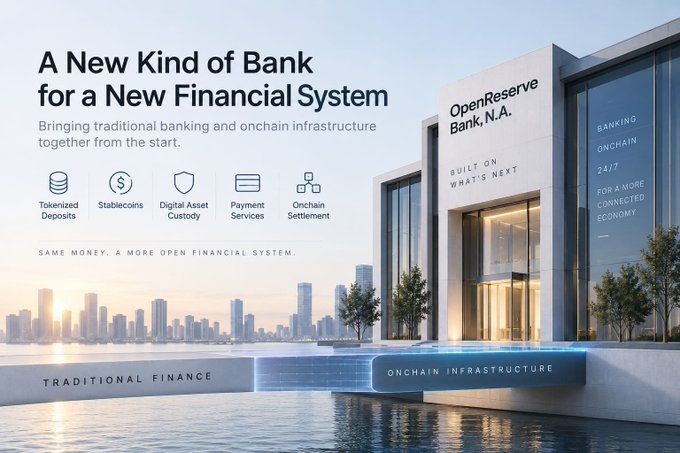 A promotional banner for OpenReserve Bank, N.A. titled "A New Kind of Bank for a New Financial System," highlighting services like Tokenized Deposits, Stablecoins, Digital Asset Custody, Payment Services, and Onchain Settlement as it bridges traditional finance with onchain infrastructure. The image visually reinforces the post's theme of blockchain-based banking advancement by showcasing the bank's role in moving toward a more connected financial ecosystem.