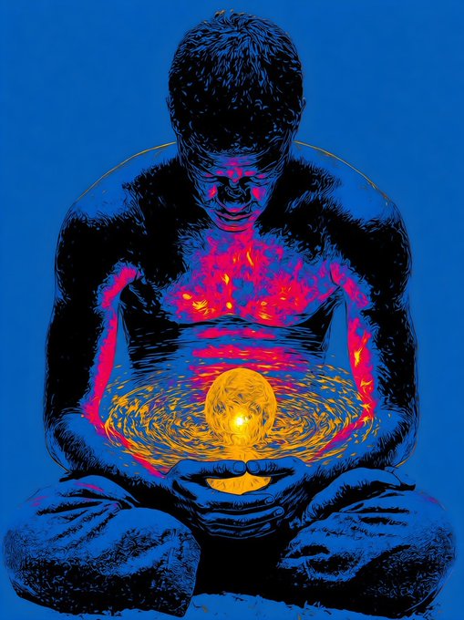 Stylized illustration of a meditating figure on a blue background, cradling a glowing golden sphere with fiery red and orange energy radiating from their chest.