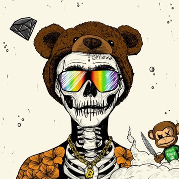 An illustration of a skeleton wearing a teddy bear hat and rainbow sunglasses, adorned with gold chains, alongside a small cartoon monkey.