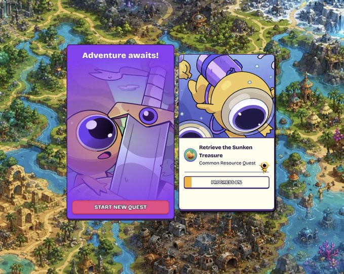A mobile game interface showing a 'Retrieve the Sunken Treasure' quest card with 6% progress, featuring cartoon underwater characters and an 'Adventure awaits!' card with a 'START NEW QUEST' button over a fantasy game world map.